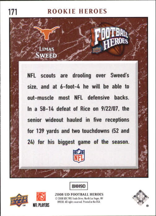 2008 Heroes (Upper Deck) Football "Main Set" Cards #1 to #269 - Picture 333 of 497