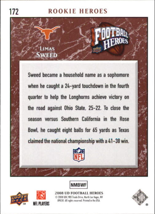 2008 Heroes (Upper Deck) Football "Main Set" Cards #1 to #269 - Picture 335 of 497