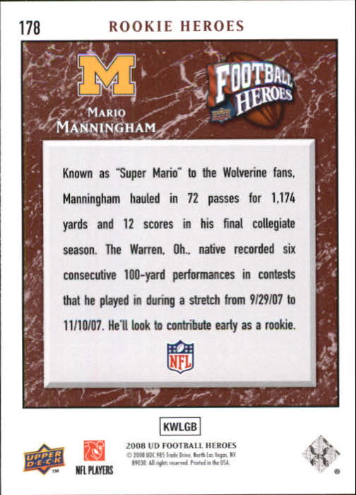2008 Heroes (Upper Deck) Football "Main Set" Cards #1 to #269 - Picture 347 of 497