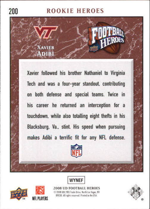 2008 Heroes (Upper Deck) Football "Main Set" Cards #1 to #269 - Picture 390 of 497