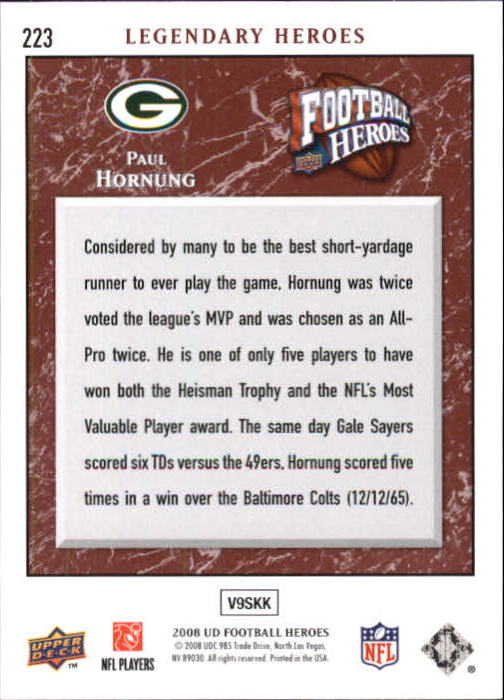 2008 Heroes (Upper Deck) Football "Main Set" Cards #1 to #269 - Picture 429 of 497