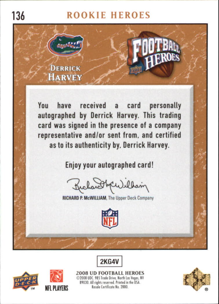 2008 Upper Deck Heroes Autographs Bronze #136 Derrick Harvey/75 back image