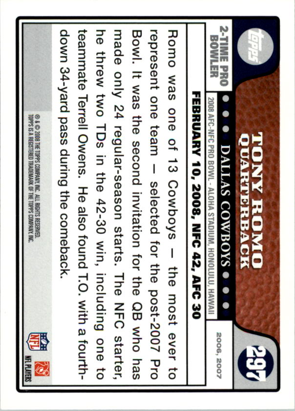 2008 Topps #297 Tony Romo PB back image