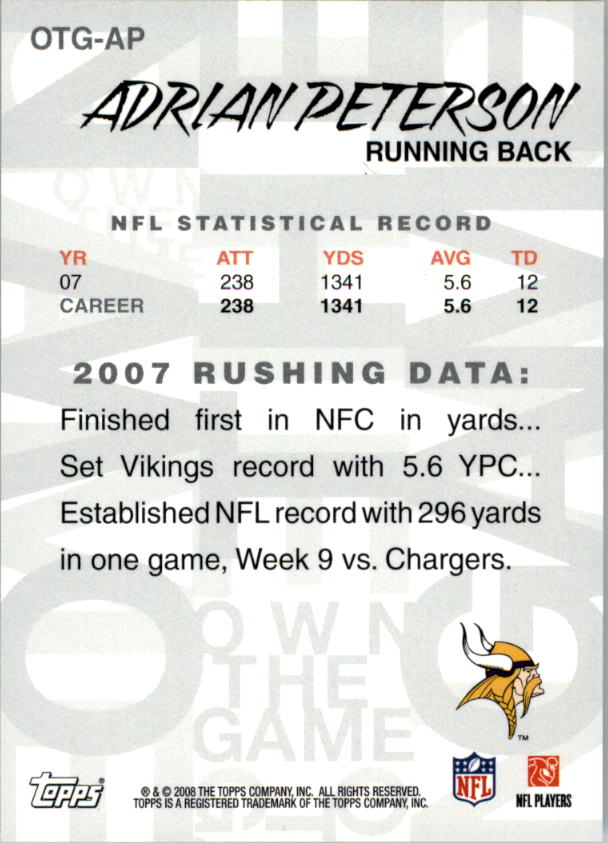 2008 Topps Own The Game #OTGAP Adrian Peterson back image