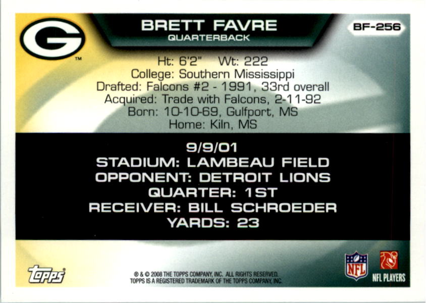 2008 Topps Brett Favre Collection #BF256 Brett Favre back image