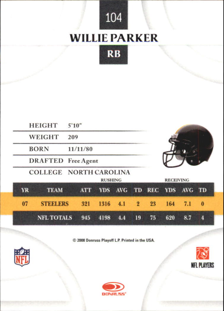 2008 Donruss Threads #104 Willie Parker back image