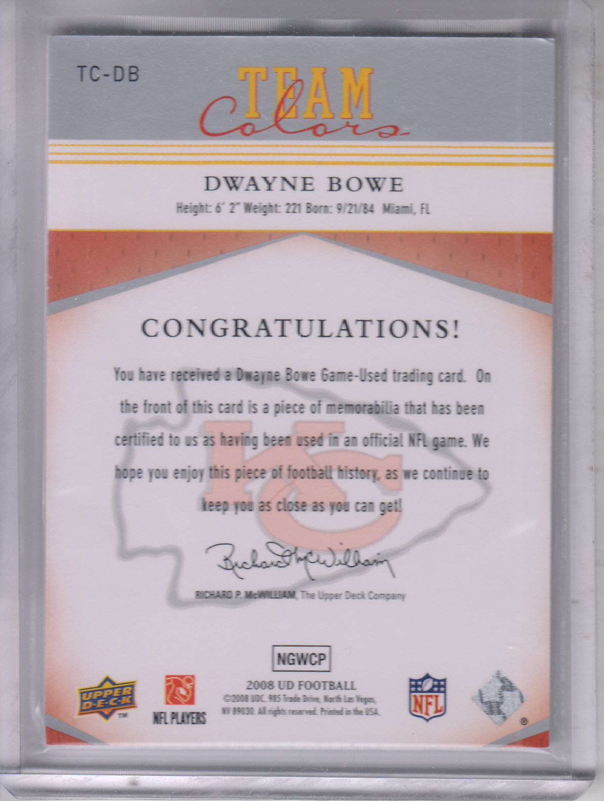 2008 Upper Deck Team Colors Jerseys #TCDB Dwayne Bowe back image