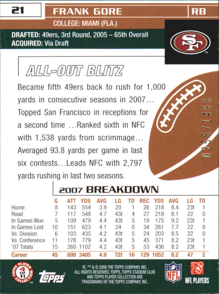 2008 Stadium Club First Day Issue #21 Frank Gore back image
