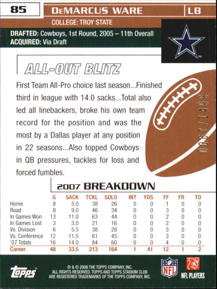 2008 Stadium Club First Day Issue #85 DeMarcus Ware back image