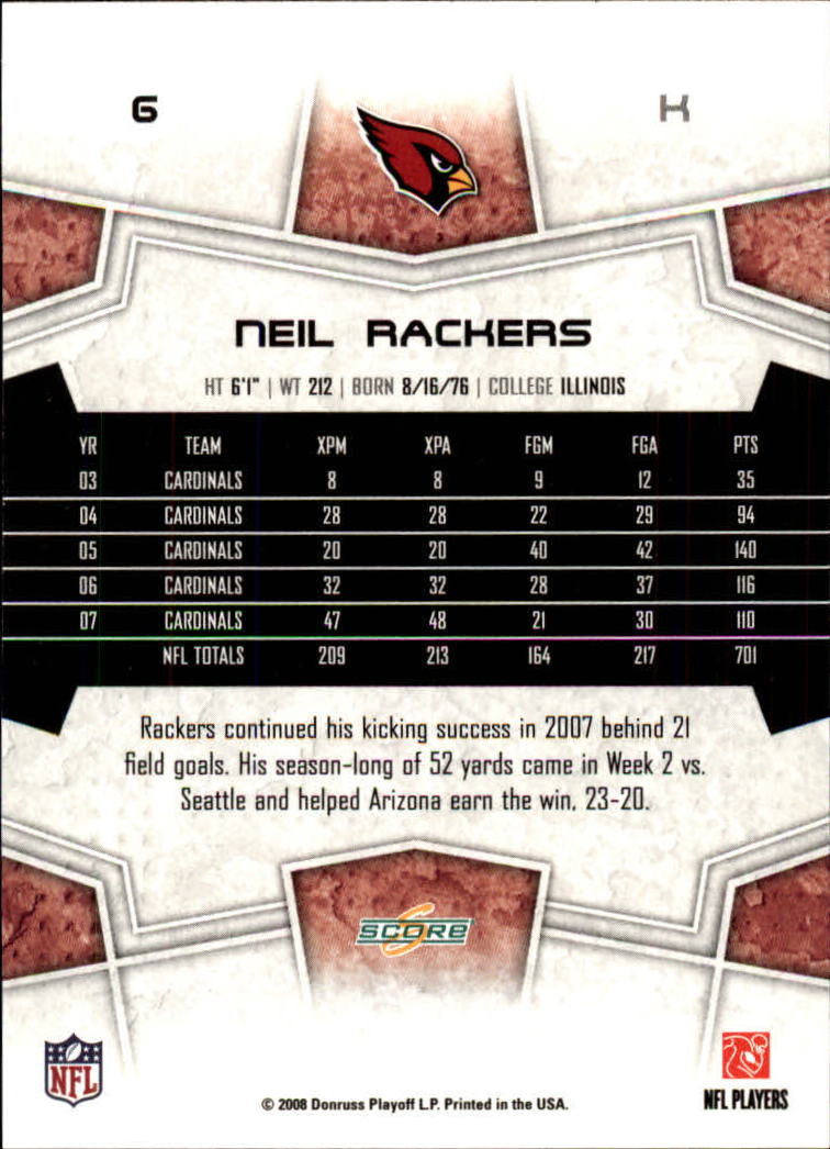 2008 Score #6 Neil Rackers back image