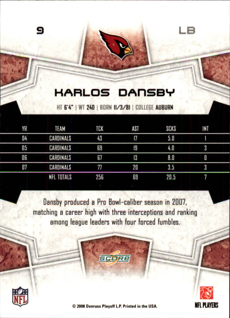 2008 Score #9 Karlos Dansby back image