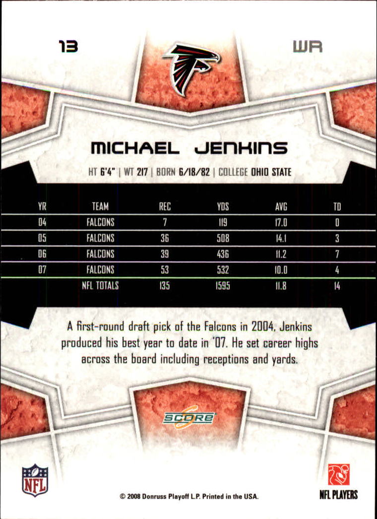 2008 Score #13 Michael Jenkins back image