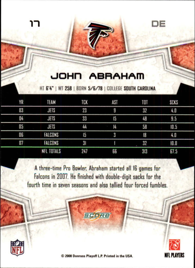 2008 Score #17 John Abraham back image