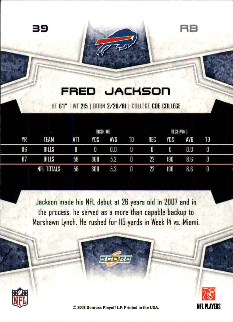 2008 Score #39 Fred Jackson RC back image