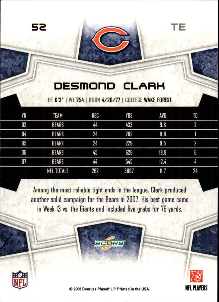 2008 Score #52 Desmond Clark back image