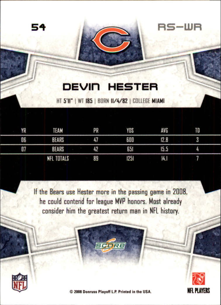2008 Score #54 Devin Hester back image