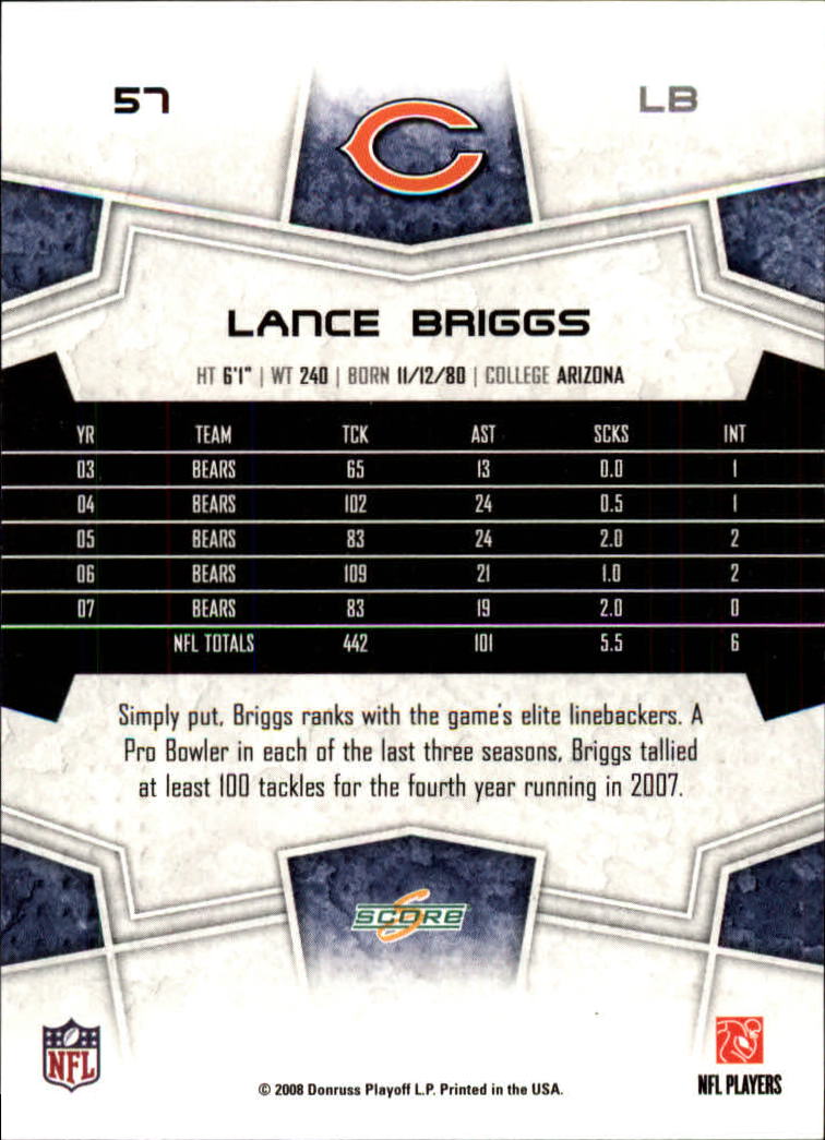 2008 Score #57 Lance Briggs back image