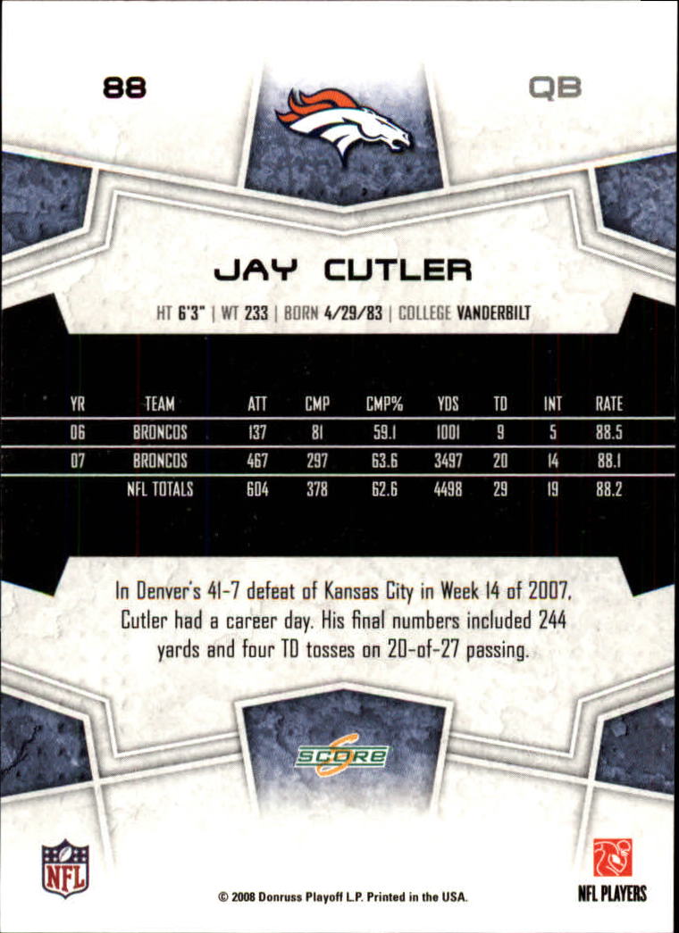 2008 Score #88 Jay Cutler back image