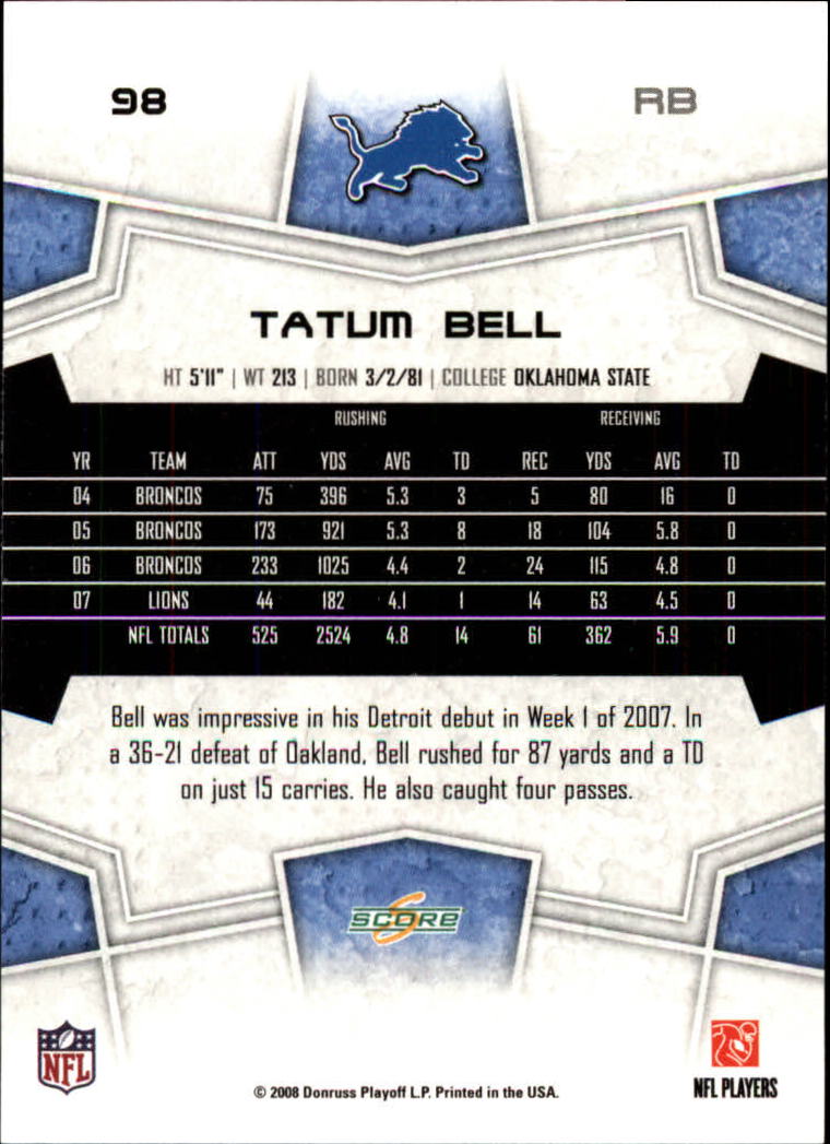 2008 Score #98 Tatum Bell back image
