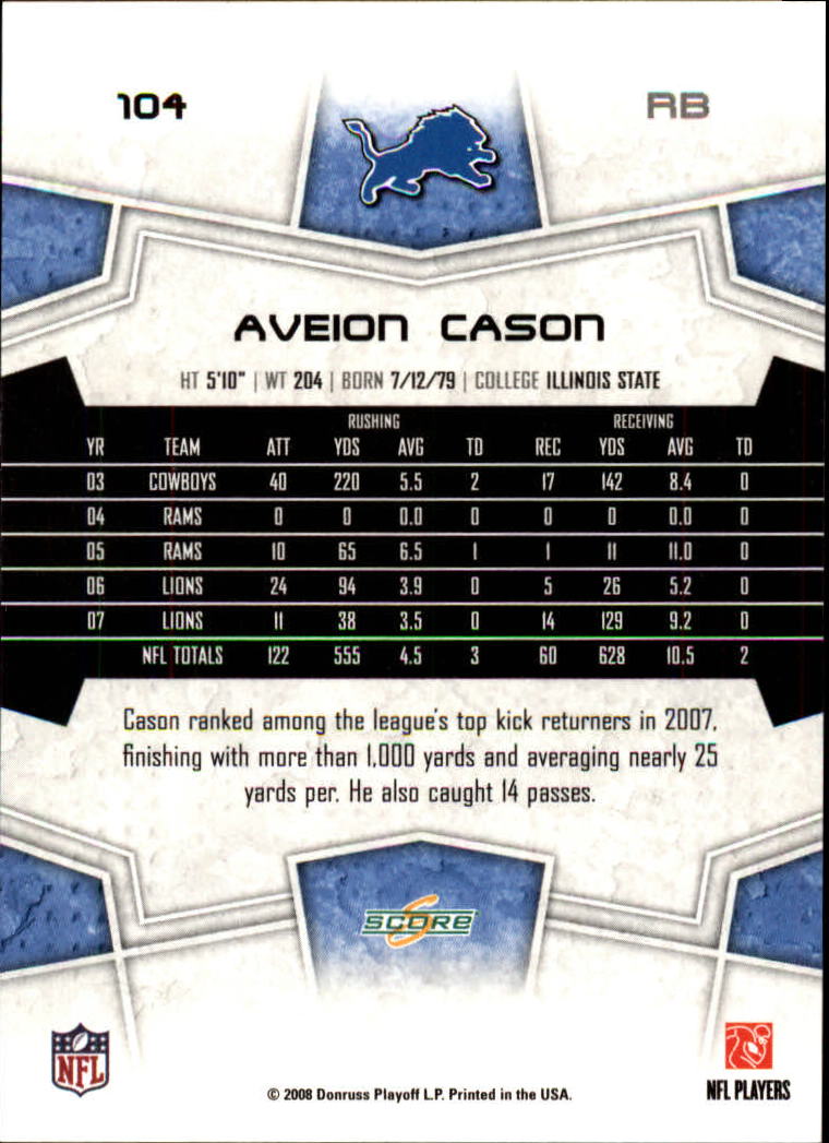2008 Score #104 Aveion Cason back image