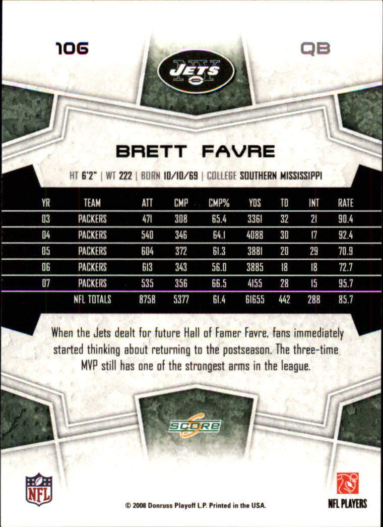 2008 Score #106 Brett Favre back image