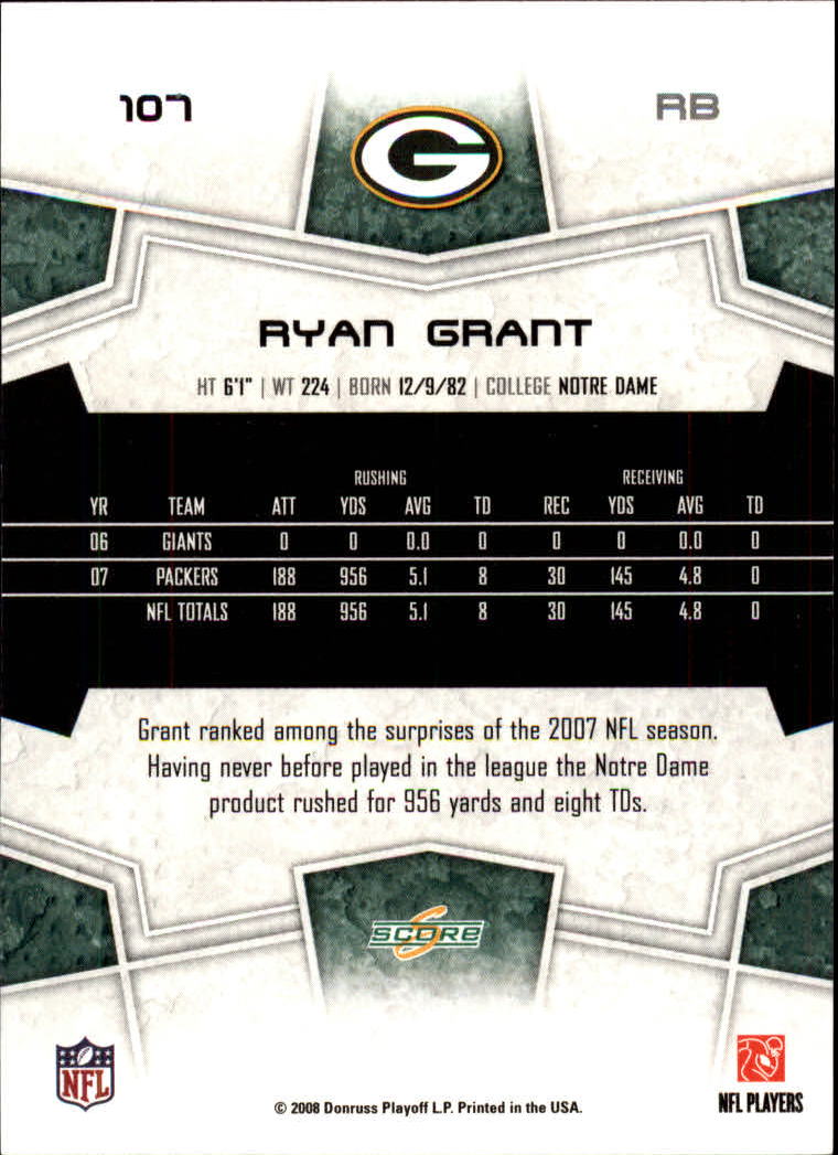 2008 Score #107 Ryan Grant back image