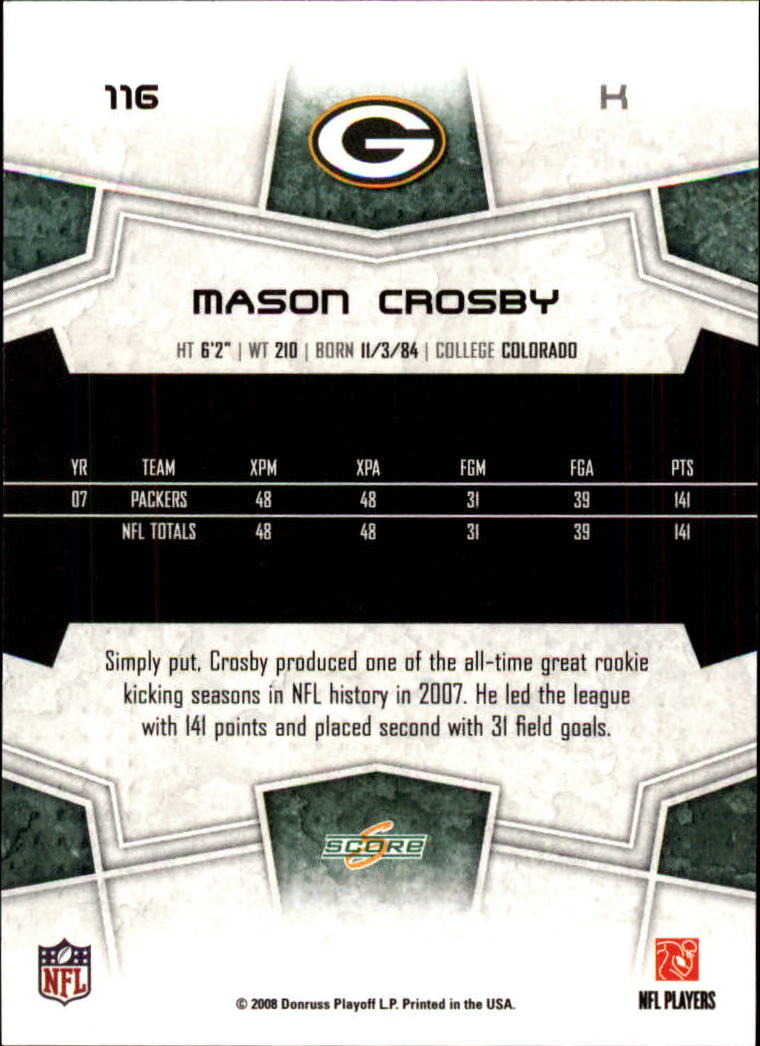 2008 Score #116 Mason Crosby back image