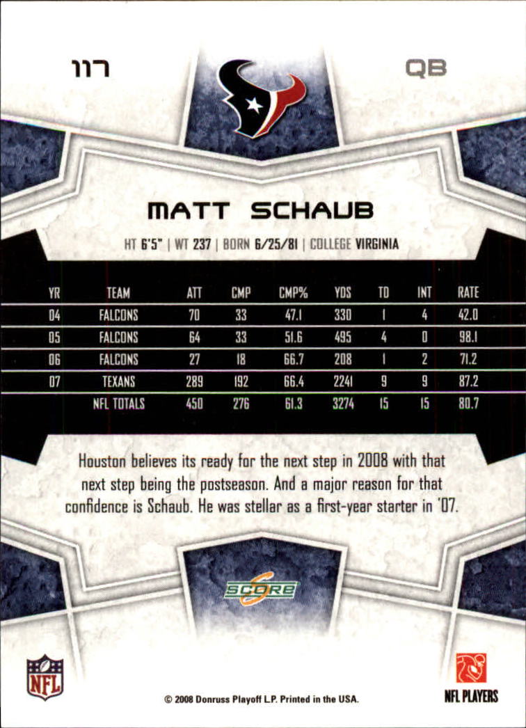 2008 Score #117 Matt Schaub back image