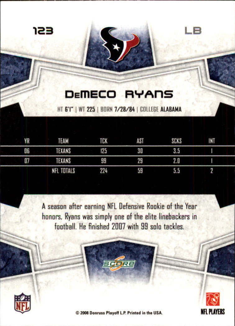 2008 Score #123 DeMeco Ryans back image