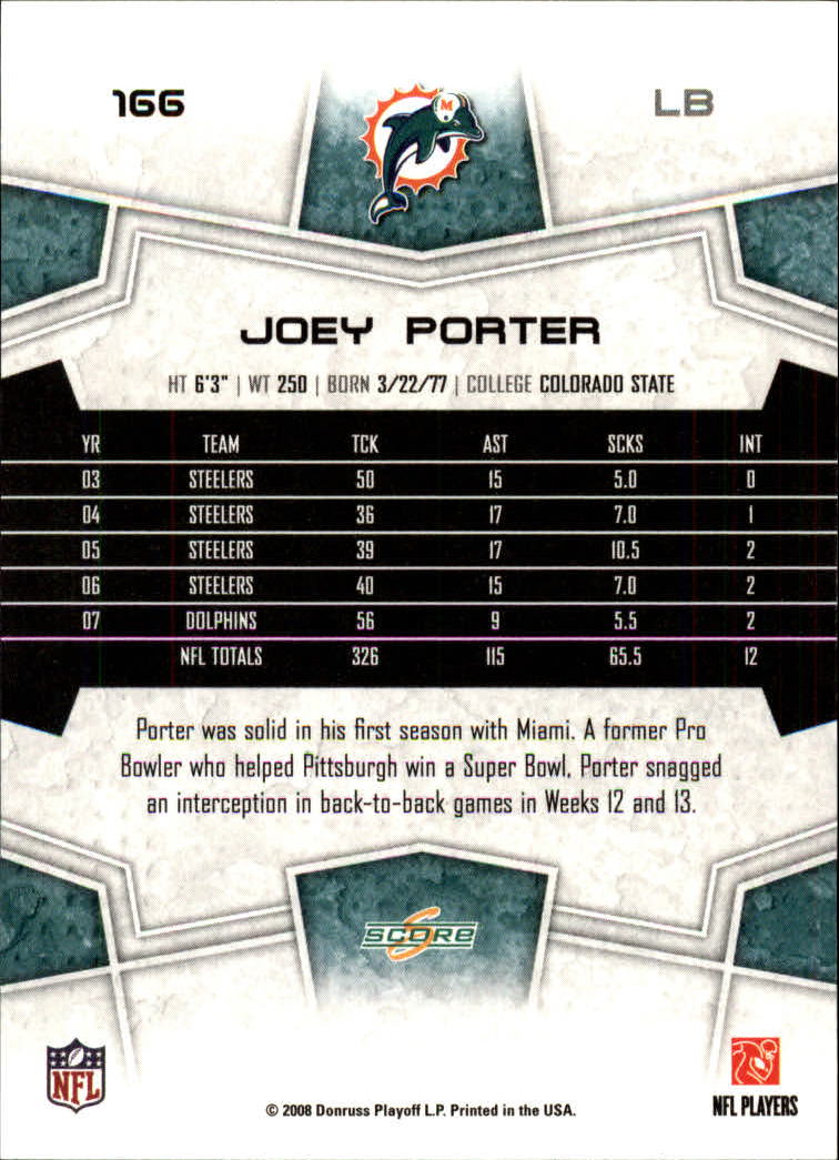 2008 Score #166 Joey Porter back image