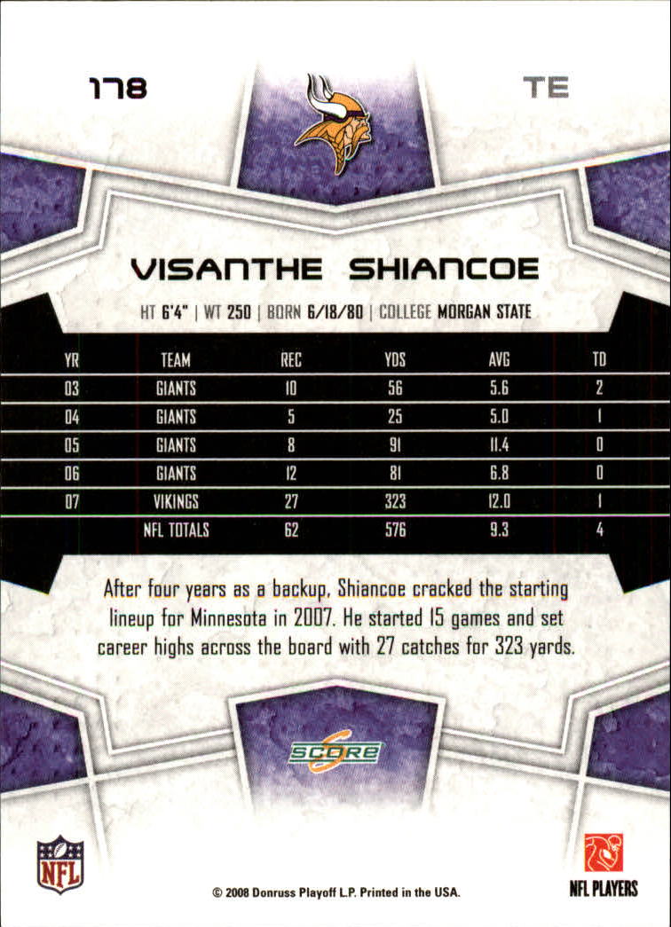 2008 Score #178 Visanthe Shiancoe back image