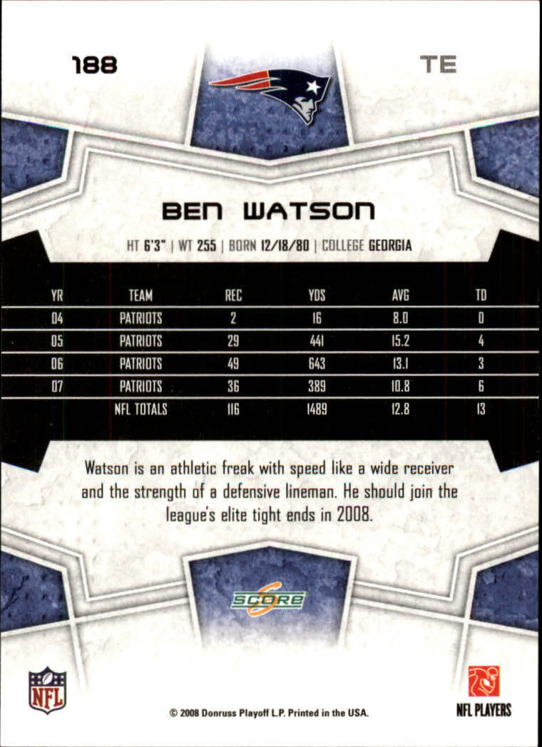 2008 Score #188 Ben Watson back image