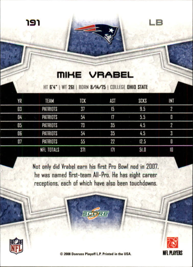 2008 Score #191 Mike Vrabel back image