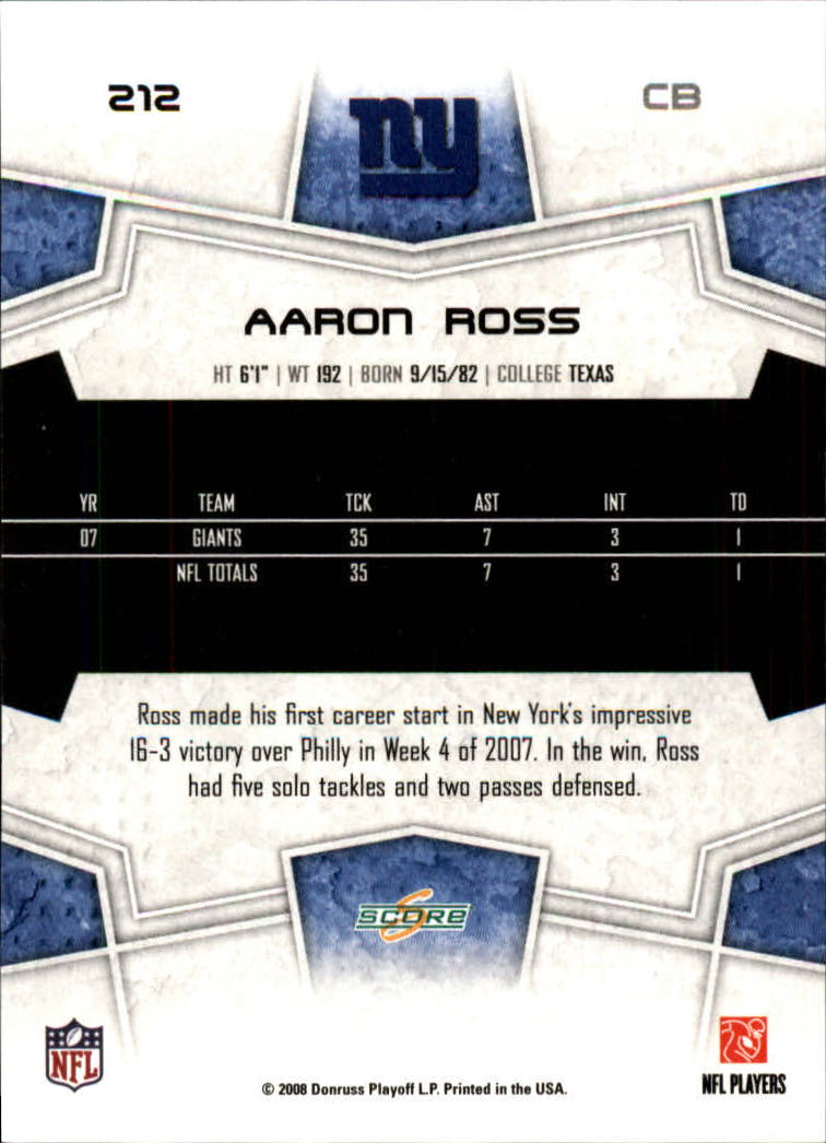 2008 Score #212 Aaron Ross back image
