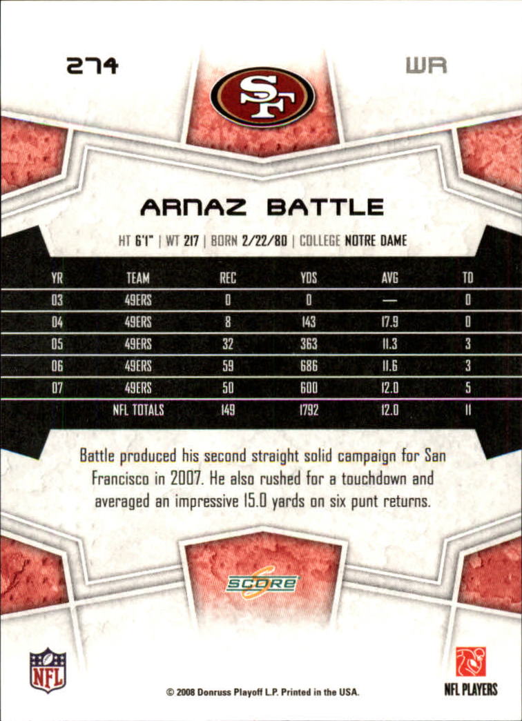 2008 Score #274 Arnaz Battle back image