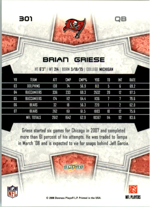 2008 Score #301 Brian Griese back image