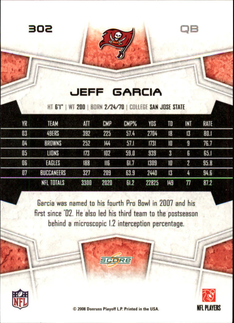 2008 Score #302 Jeff Garcia back image