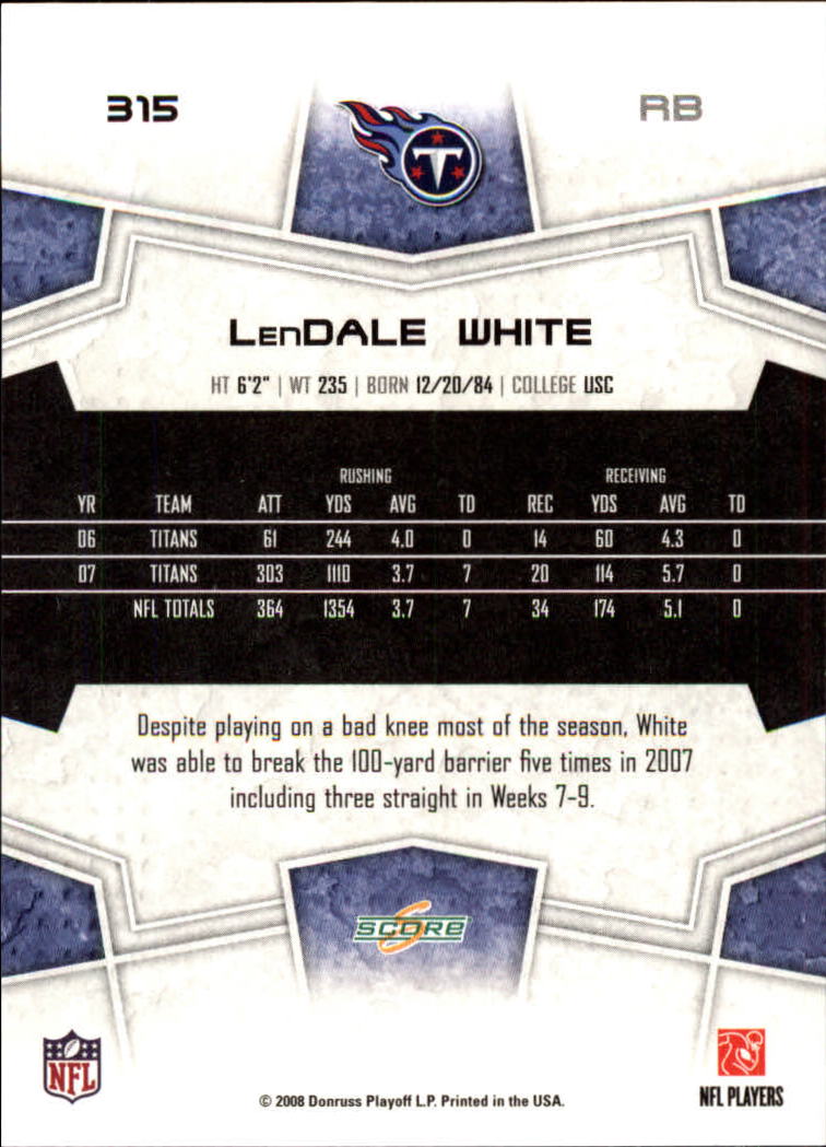 2008 Score #315 LenDale White back image