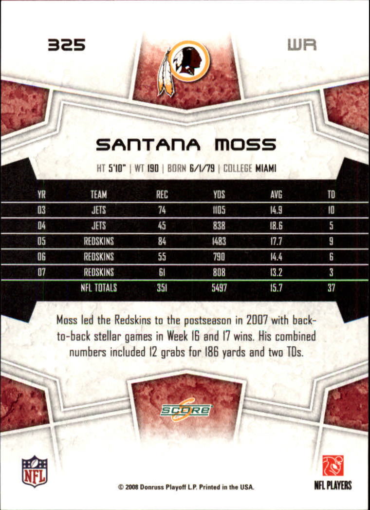 2008 Score #325 Santana Moss back image
