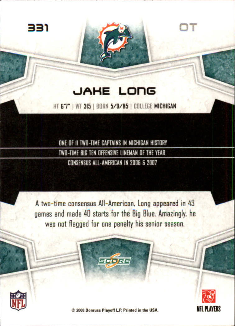 2008 Score #331 Jake Long RC back image