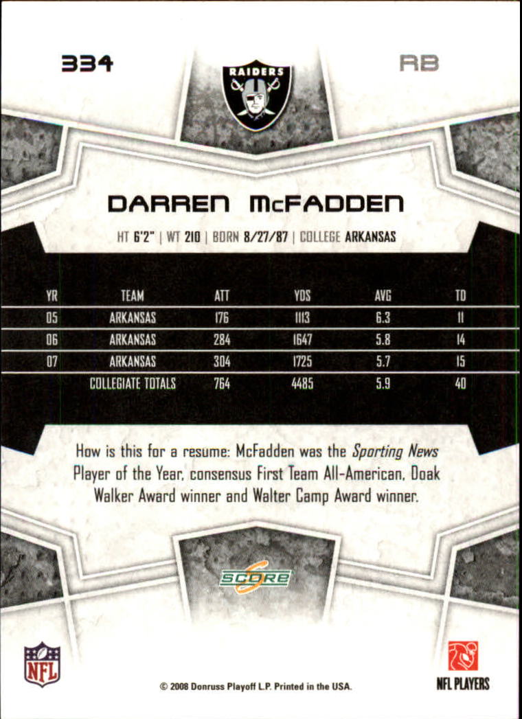 2008 Score #334 Darren McFadden RC back image