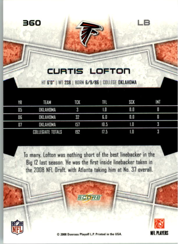 2008 Score #360 Curtis Lofton RC back image
