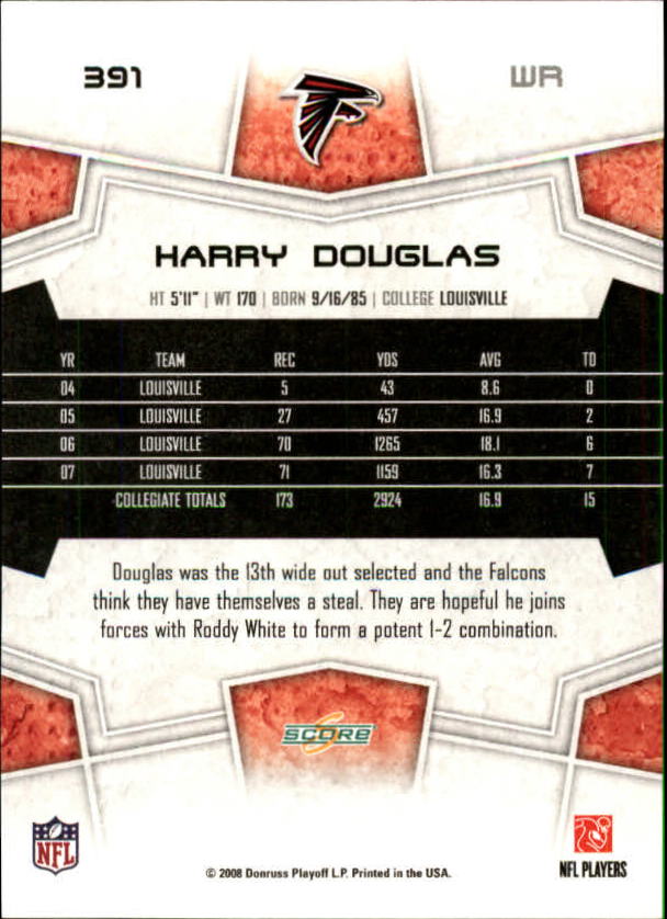 2008 Score #391 Harry Douglas RC back image