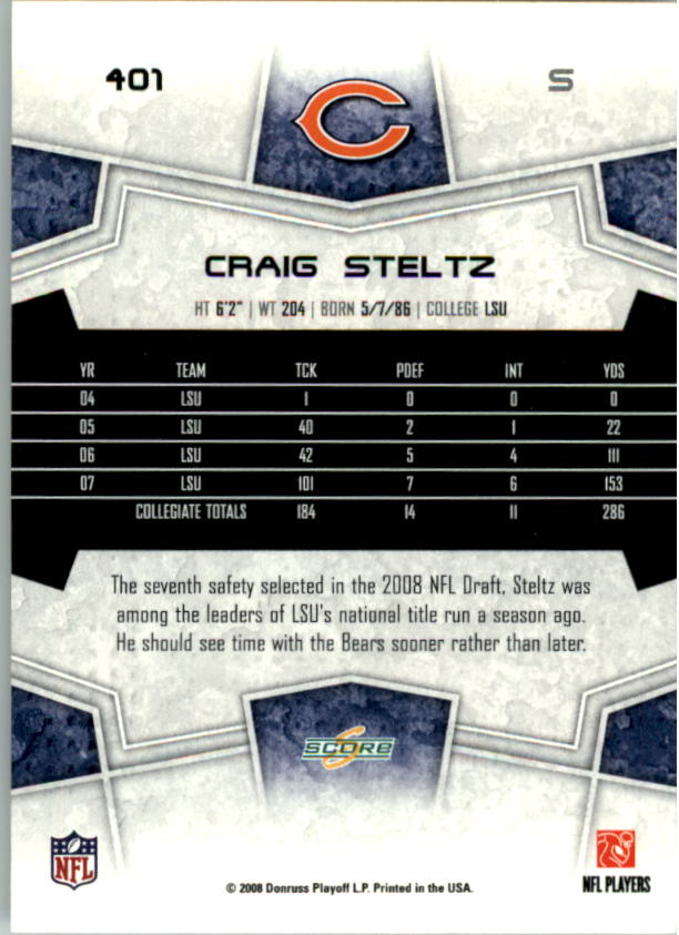 2008 Score #401 Craig Steltz RC back image