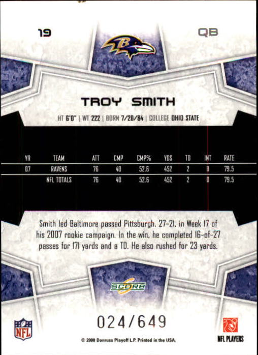 2008 Score Scorecard #19 Troy Smith back image