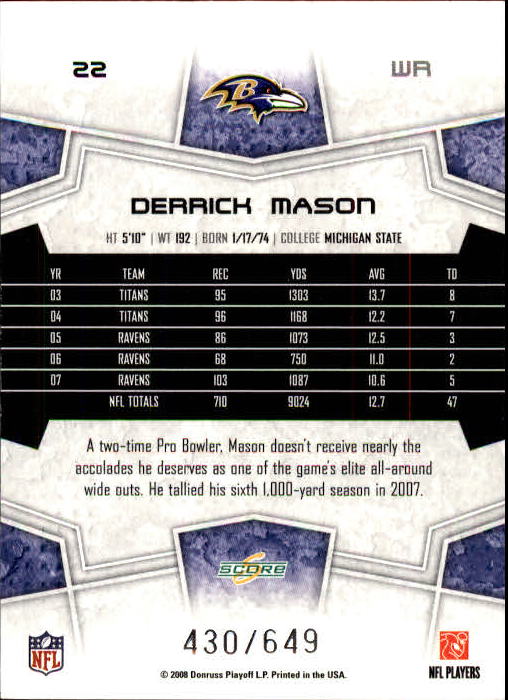 2008 Score Scorecard #22 Derrick Mason back image