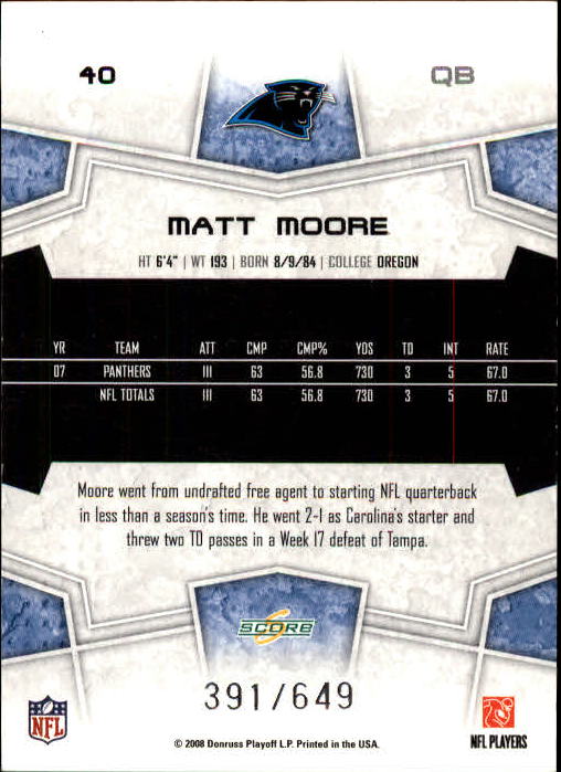 2008 Score Scorecard #40 Matt Moore back image
