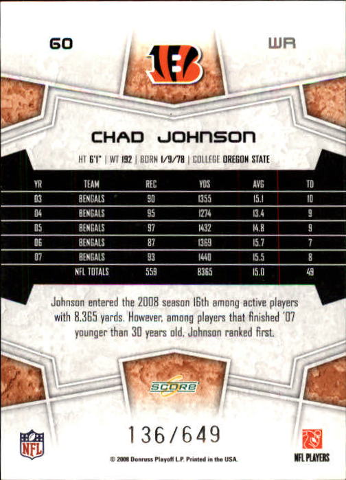 2008 Score Scorecard #60 Chad Johnson back image