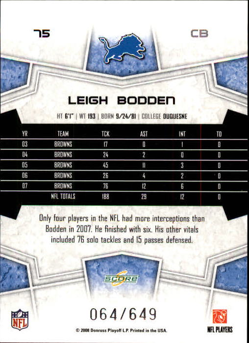 2008 Score Scorecard #75 Leigh Bodden back image