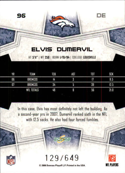 2008 Score Scorecard #96 Elvis Dumervil back image